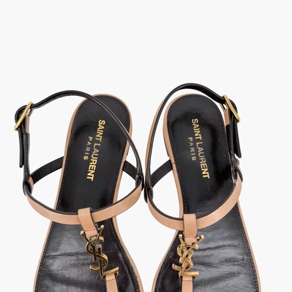 Saint Laurent Cassandra YSL T-Strap Flat Sandals Tan Leather Size 37 US 7 Women - Picture 5 of 15